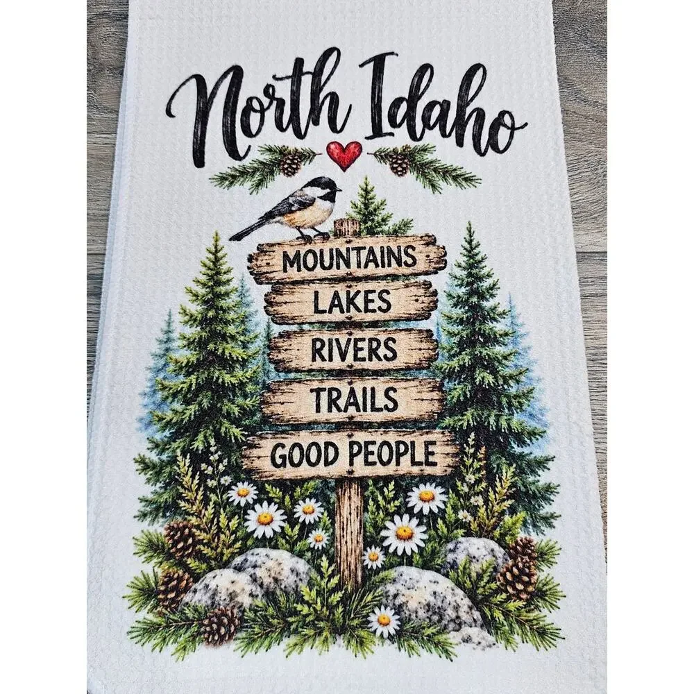 North Idaho Mountains Lakes Rivers Trails Kitchen Towel Rustic Cabin Decor